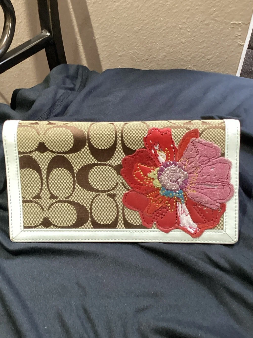 Coach Floral Applique Signature Continental Wallet - Brown, Red, Pink